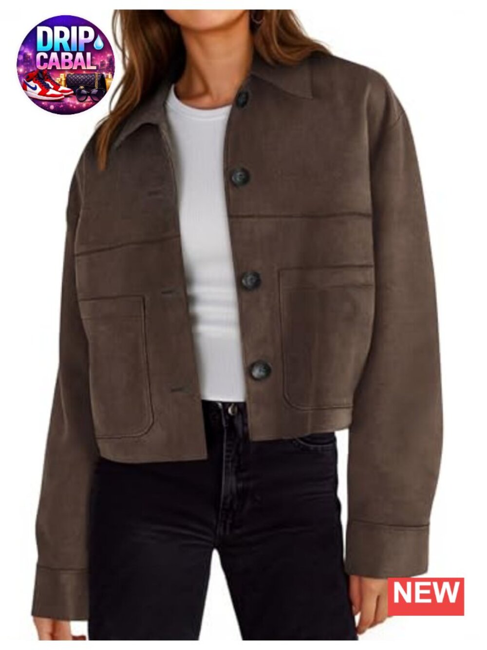 Womens Cropped Faux Suede Leather Jacket Lapel Collar Shacket
